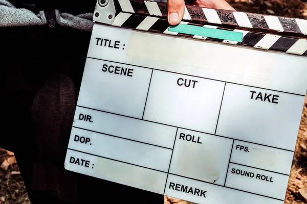 Film Slate Imagen Primer Plano Del Equipo Producción Cine Sosteniendo — Foto de Stock