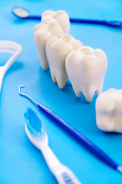 牙科模型和蓝色背景的牙科设备 牙科背景的概念图像 牙科卫生背景 — 图库照片