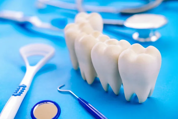 Dentalmodell Und Zahnärztliche Ausrüstung Auf Blauem Hintergrund Konzeptbild Des Zahnärztlichen — Stockfoto