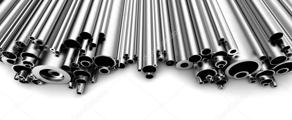 Stainless steel tubes on white background