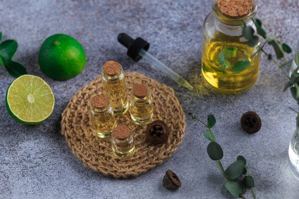 Set of glass bottles with eucalyptus essential oil on grey table leaves in vase — Stock Photo, Image