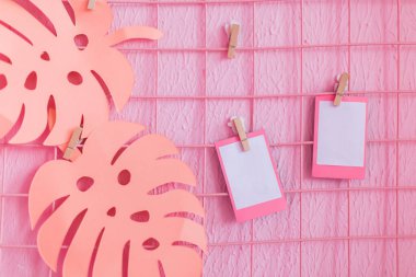 Pembe bir duvara yerleştirmek için iki boş fotoğraf. Fotoğraf eklemek için boşluk