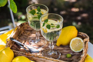 Masanın üzerinde bir sepet limon, ferahlatıcı limonata ve bir tutam nane var. Antibes Fransa