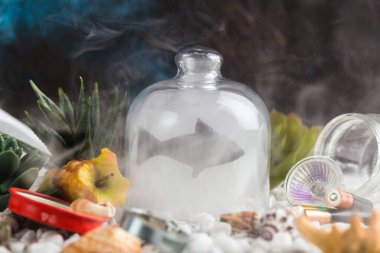 Kirli deniz yaratıcılığı kavramında cam kavanozun altındaki balık silueti