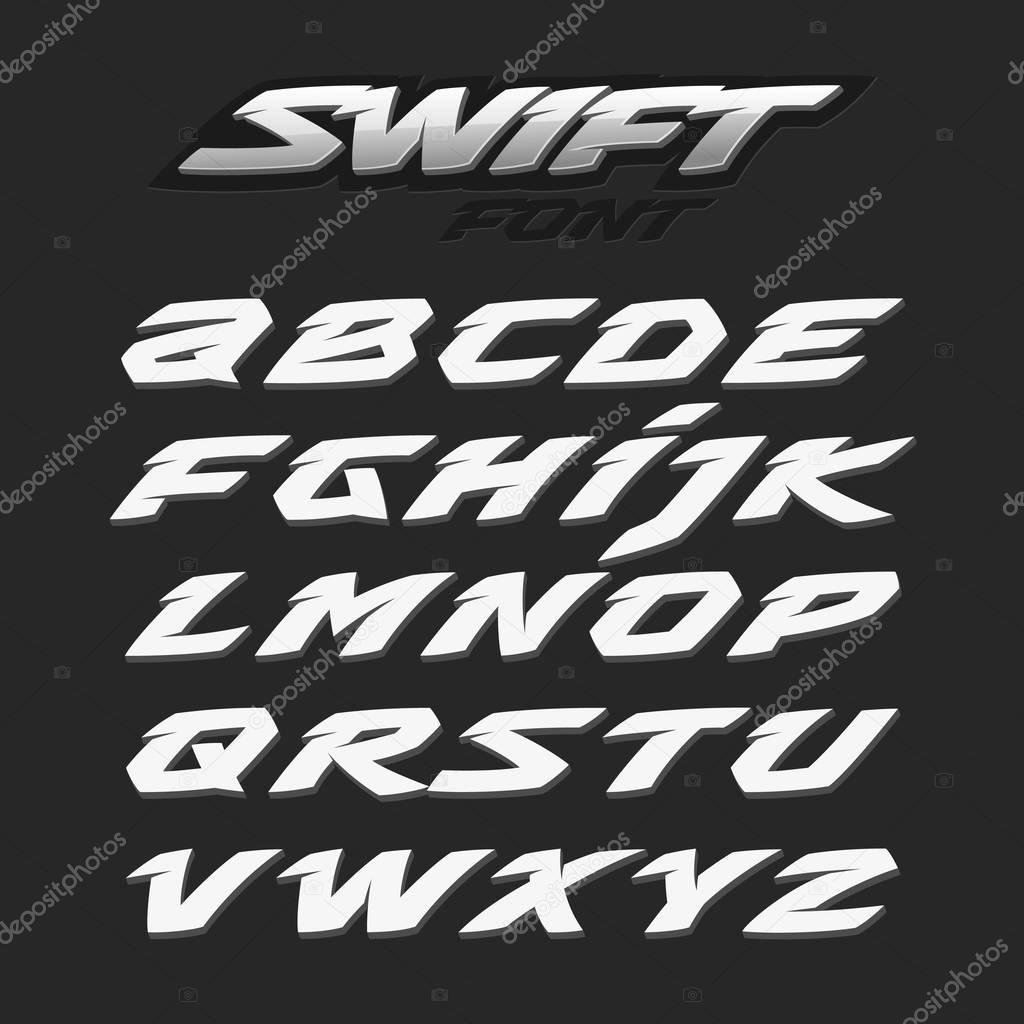 Swift fast strong futuristic alphabet lettering.Vector font. Latin alphabet letters.