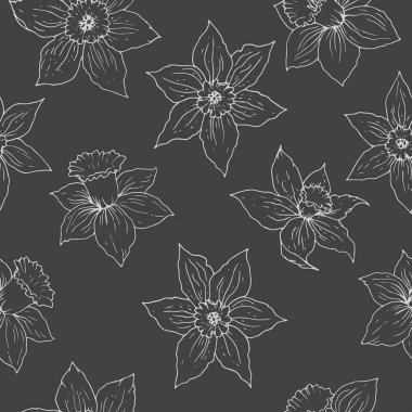 Nergis çiçek vektör seamless modeli. El çiçek kontür koyu gri arka plan üzerinde çekilmiş.