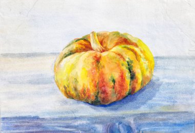 Gri-mavi arka planda sarı-turuncu bir balkabağı resmedilmiş. Işığın gölgeleri geniş kenarlı ve yuvarlak..