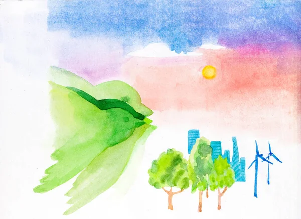 Aquarell Zeichnete Ein Umweltthema Der Ferne Die Stadt Bäume Windmühlen — Stockfoto