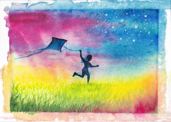 Watercolor silhouette painted running girl flying a kite. A girl runs along the sunny grass, above it is a fabulous sky.