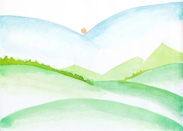 Przejrzyste Zielone Wzgórza Malowane Akwarelową Grafiką Pomarańczowe Słońce Jest Niebie Zdjęcia Stockowe bez tantiem