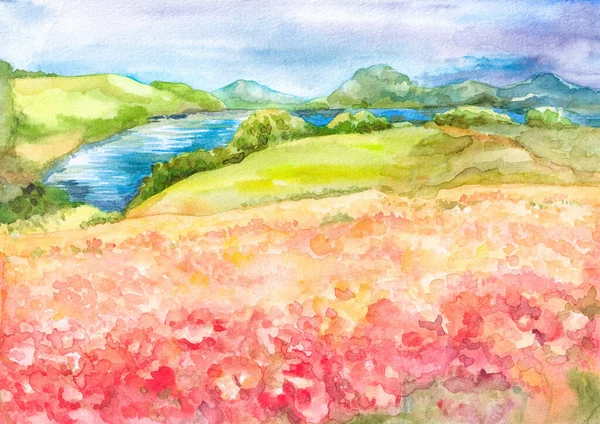 一片橙红色的田野涂上了水彩画 远处是一条河 山上布满了黄色的花朵 免版税图库图片