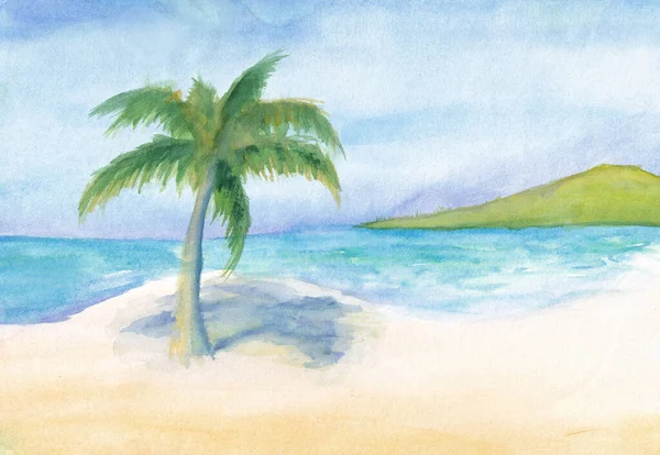 阳光明媚的日子 碧绿的大海 洁白的沙滩 在沙滩上投下阴影的棕榈树 都涂上了水彩画 海湾四面环抱着一座青山 图库图片