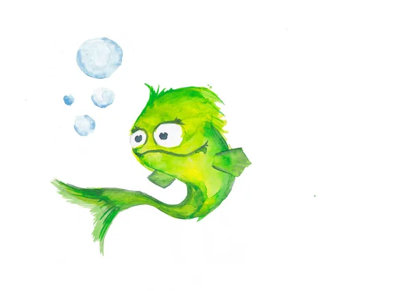 Akvarel Malované Zelené Kreslené Ryby Foukání Bubliny Kresba Akvarelem Bílém Stock Snímky