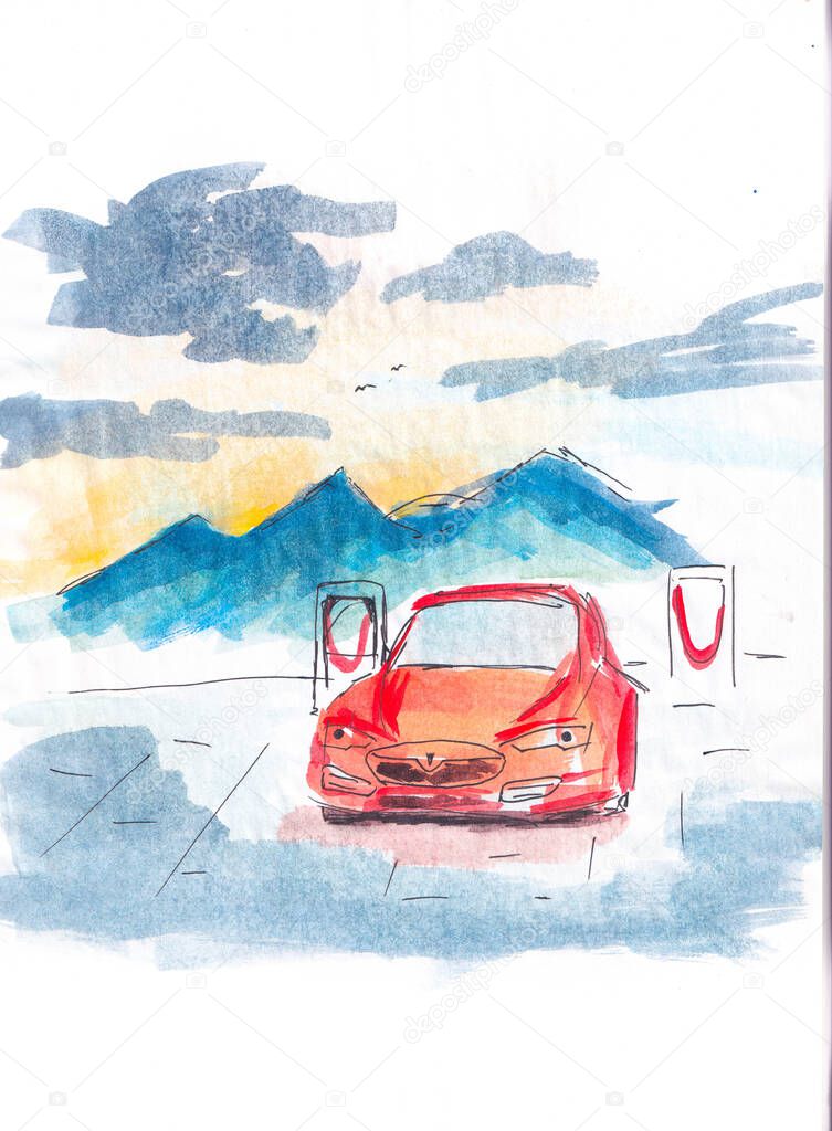 Color watercolor light graphics with further drawing of a helium black pen. A red Tesla car stands at a gas station against the backdrop of the setting sun and evening sky.