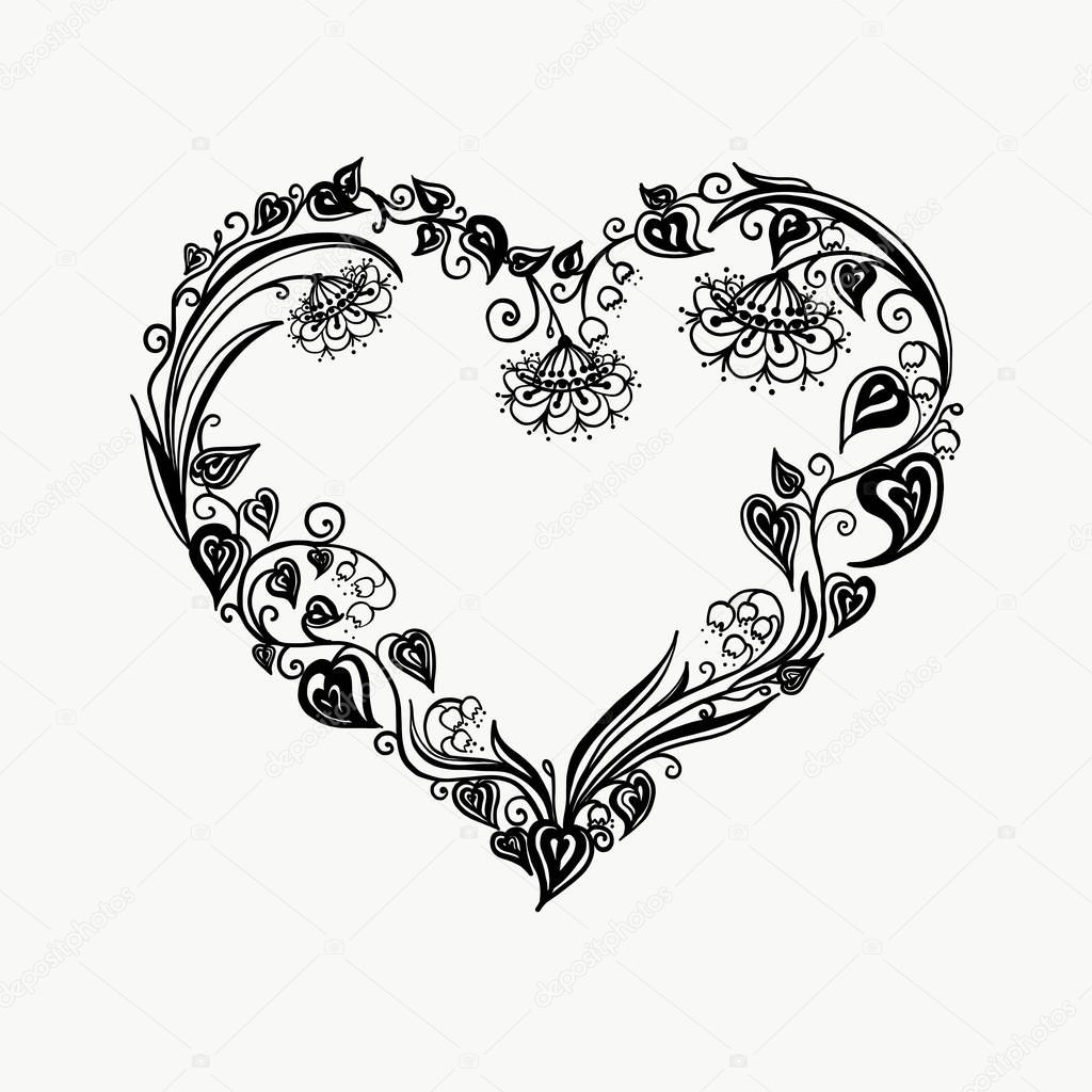 Download Floral heart. Bouquet composition with hand drawn flowers and plants. Monochrome vector romantic ...
