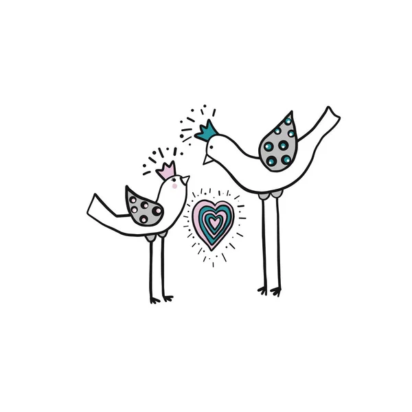 Мінімалістичний простий малюнок двох любовних птахів з серцем з кольоровим орнаментом — стоковий вектор