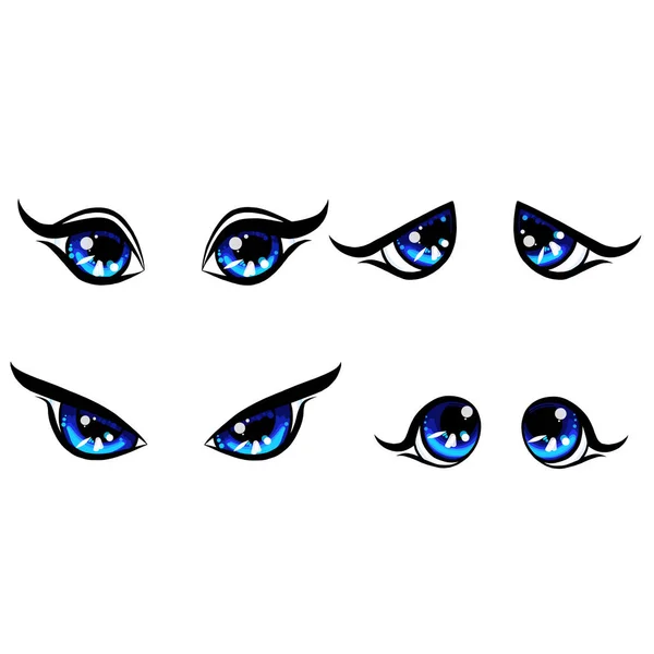 Blu grande menina personagem olhos, emoção no rosto, feliz e irritado und chateado, mulheres tristes olhos, cartoon set manga olhos — Vetor de Stock