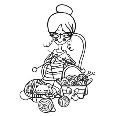 kadın bir sandalyeye oturur ve örgü iğneleri çizgili dokuma kumaşlar büyükanne gülümseyen sevimli çizgi film, kedi onun örgü etrafında dağınık topları üzerinde uyuyor