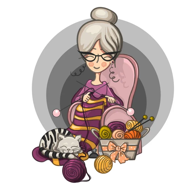 Frau Oma sitzt auf einem Stuhl und strickt Stricknadeln gestreift, Katze schläft auf ihrem Stricken um die verstreuten Kugeln, Cartoon niedliche lächelnde Figur — Stockvektor