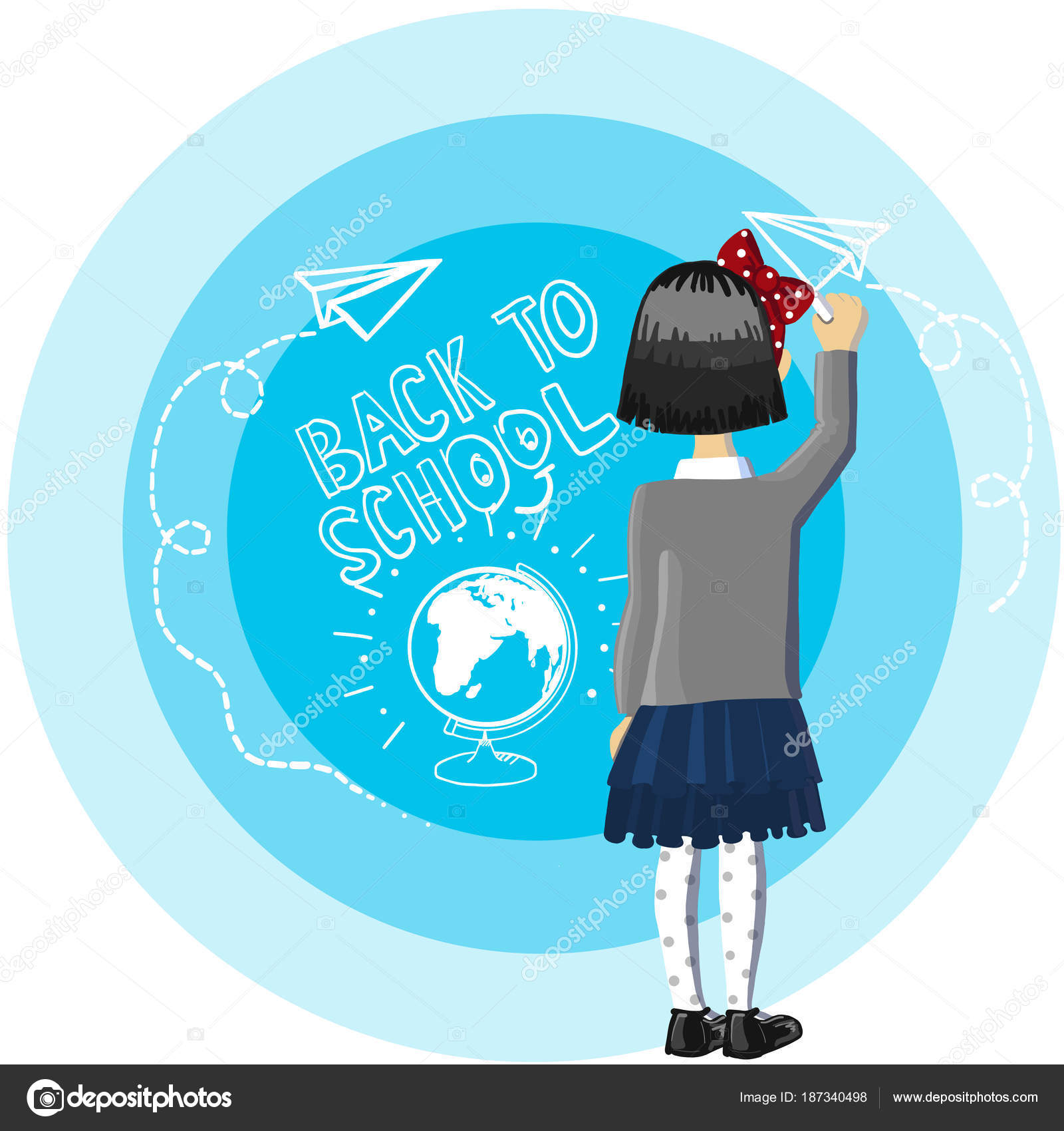 Little Girl Black Hair Stand Near Blue Background Drowing