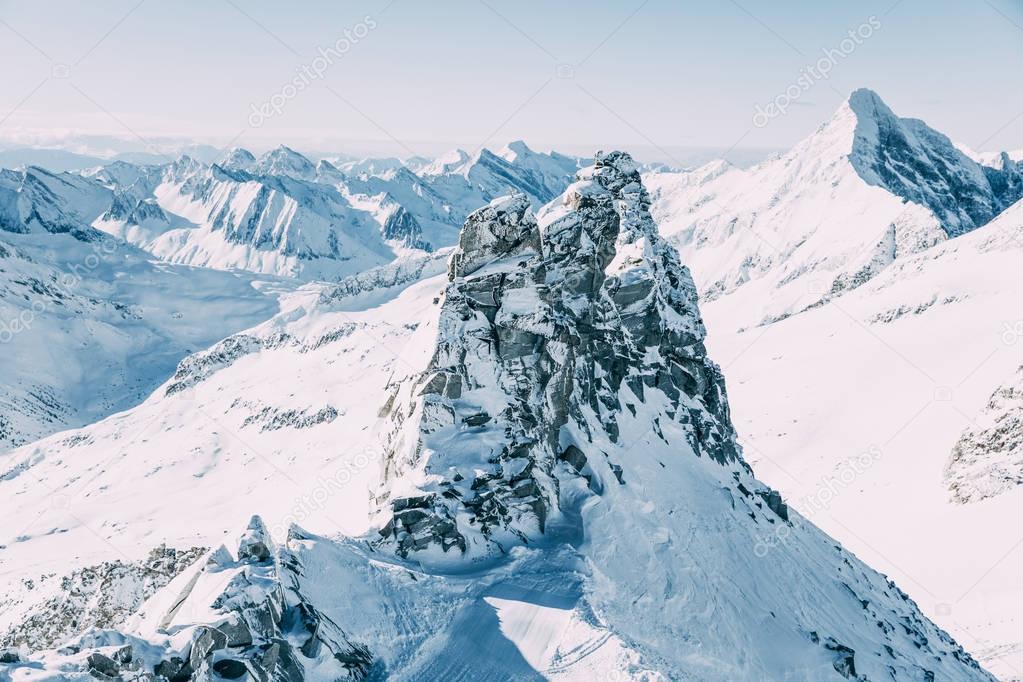 beautiful snow-covered mountain peaks in mayrhofen ski area, austria