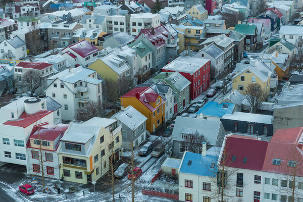 REYKJAVIK, ICELAND - 03 JANUARY, 2017: aerial view of rooftops and colorful buildings in Reykjavik, Iceland