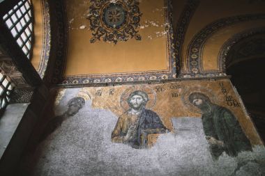 ISTANBUL, TURKEY - OCTOBER 09, 2015: low angle view of mosaic on wall in historical suleymaniye mosque clipart