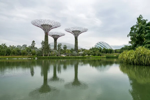 SINGAPUR - 19 ENE 2016: vista panorámica de monumentos metálicos y río de la ciudad - foto de stock