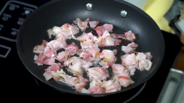 Pieces of bacon are fried in a pan — Stock Video