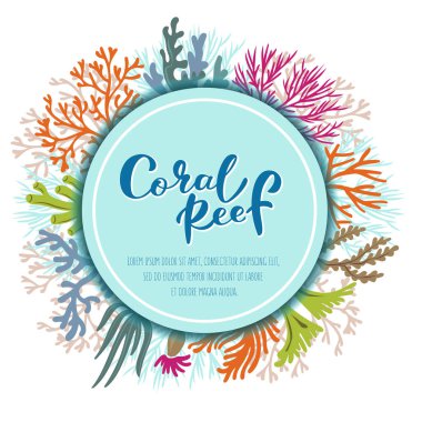 Mercan resifi logosu. Mercan resif bitkilerinin çelengi ile harf çizimi. Vektör çizimi. EPS 10