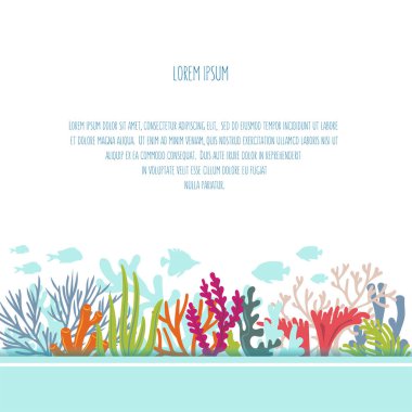 Deniz yaşamı ve mercan resiflerinin güzelliği. Mercan resiflerinin silueti ve yazılı yerleri olan balıklar. Vektör çizimi. Eps 10