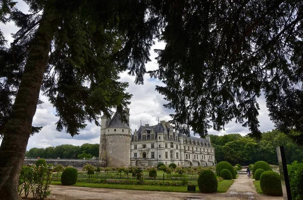 法国卢瓦尔地区 Chenonceau 2017年6月27日的快照 从长绿树成荫的入口大道的城堡的看法 — 图库照片