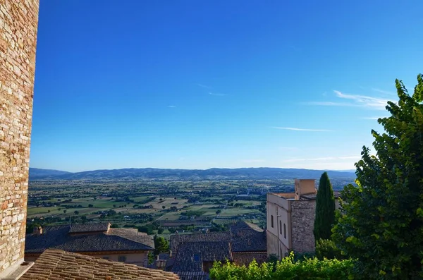 Landskap Dalen Vid Foten Assisi Visa Från Gränderna Stadens Historiska — Stockfoto