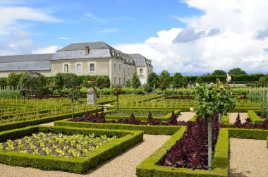 Villandry, Loire valley, Fransa 26 Haziran 2017. Muhteşem sebze bahçeleri, salata ve ustaca ekili sebze tarafında kale görünümü.