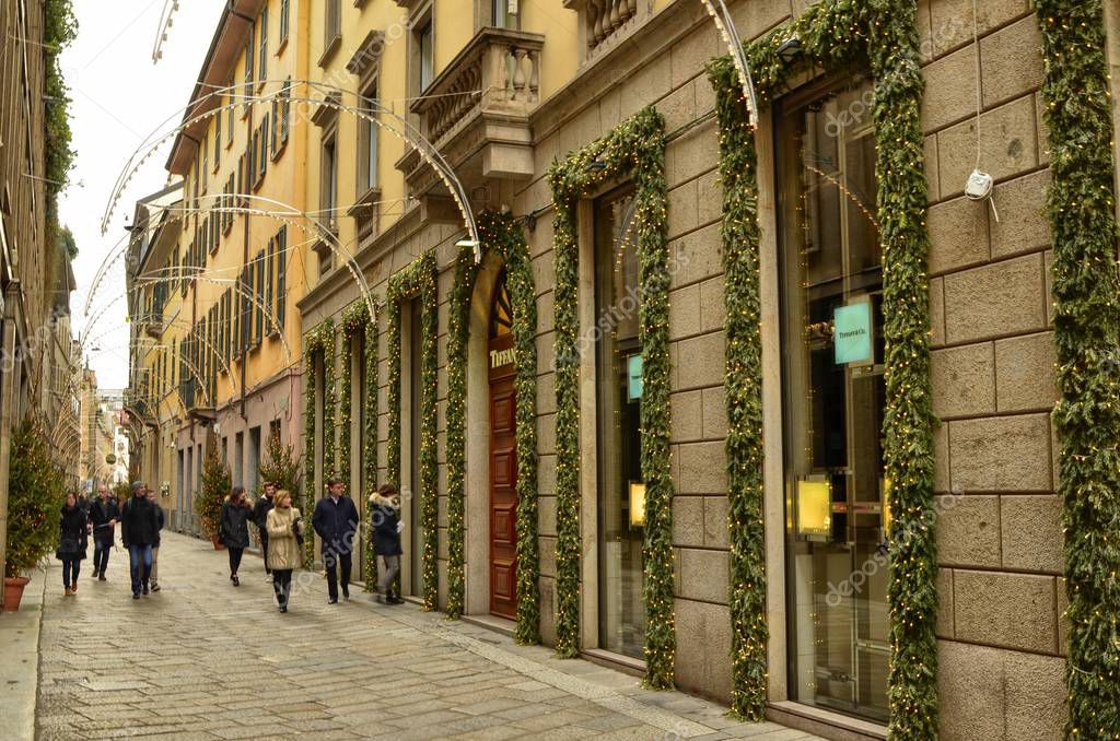 Milan, Italy, Lombardy December 31 2017. Milan's fashion district, shoes, clothes, watches and jewelry, accessories of brands and names emblazoned and known all over the world.