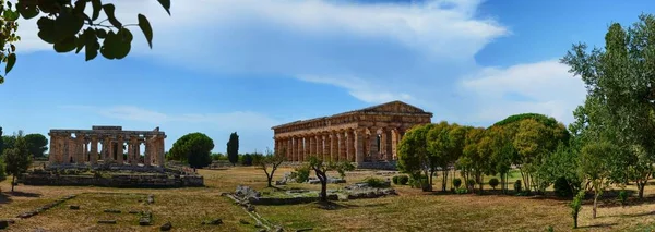 Paeustum 坎帕尼亚地区 意大利2016年8月18日 全景照片以大格式 Paestum 的考古遗址 Poseidonia 强烈的太阳 蓝天白云 — 图库照片