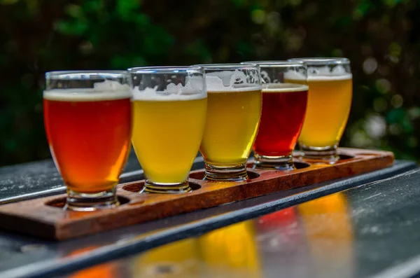 Degustación de cerveza artesanal: cinco vasos con cervezas de diferentes colores — Foto de Stock