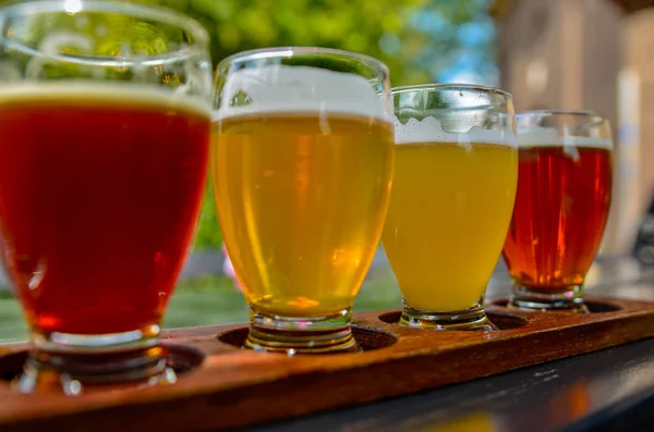 Degustación de cerveza artesanal: cinco vasos con cervezas de diferentes colores — Foto de Stock