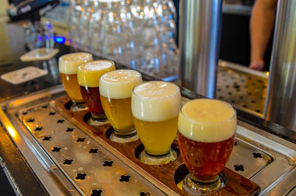 Degustação de cerveja artesanal: cinco copos com cervejas de cores diferentes — Fotografia de Stock