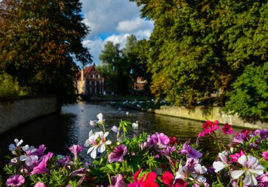 Bruges, Belçika. Ağustos 2019. Sashuis kilidiyle köprüden tarihi merkeze doğru bakın. Bir ekici, gözü şehre yönelten kanalı çerçeveler. Yanlarda büyük yeşil yapraklar var..