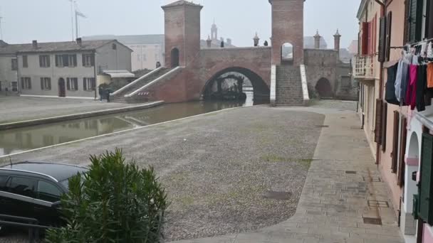 Comacchio Talya Aralık 2019 Güzel Bir Kanalda Statik Çekim Evler — Stok video