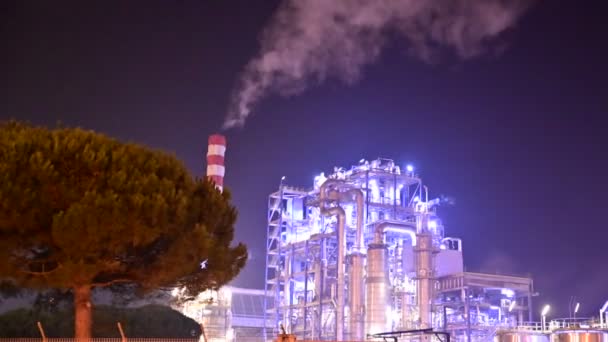 意大利拉文纳 2019年12月 Marcegaglia钢厂的夜间镜头 未来和明亮的结构吸引了人们的目光 左边是烟道 烟道上有白色和红色条纹 — 图库视频影像