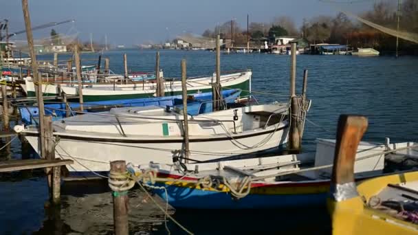 December 2019 Ravenna Italy River Blue Water Ripple Floating Boats — Stock Video