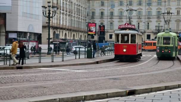 December 2019 Video Turin Piedmont Italy Red Tram Old City — Stock Video