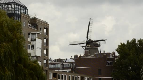 Amsterdam Holandia Sierpień 2019 Wiatrak Mieście Starożytne Nowoczesne Wspólne Życie — Wideo stockowe