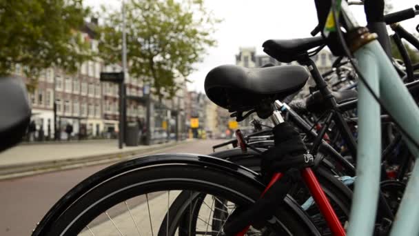 アムステルダム オランダ 2019 特定の視点 駐車自転車のぼやけたフレームとサドルから サイクルパスを通過する自転車が見えます トラムの停留所の左側にもっと — ストック動画