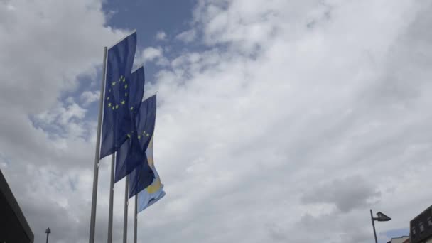 德国法兰克福 2019年8月 在欧洲中央银行新总部 联合欧洲的旗帜被风吹动 — 图库视频影像