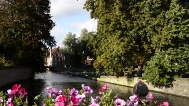Bruges, Belçika - Ağustos 2019: Kuğularla dolu bir köprüden: Çiçekler ön planda tarihi merkezin çerçevesini oluşturuyor.
