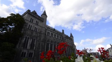 Gent, Flanders, Belçika, Ağustos 2019, Zarif Şeytan Gerald Şatosu, önplanda çiçekler, video.