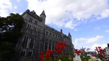 Gent, Flanders, Belçika, Ağustos 2019, Zarif Şeytan Gerald Şatosu, önplanda çiçekler, video.
